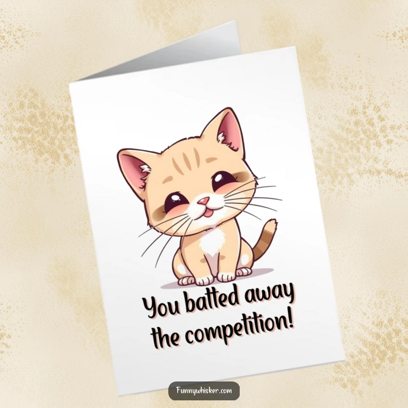 Funny Free Printable Congratulations Card, tiny cat batting at exaggerated whiskers, celebrating achievement, downloadable art.
