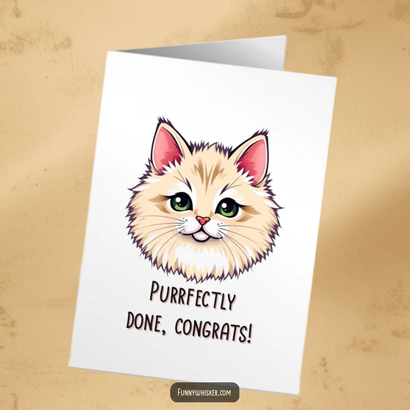 Funny Free Printable Congrats Card: A small cat face emerging from behind an oversized, fluffy whisker mass.