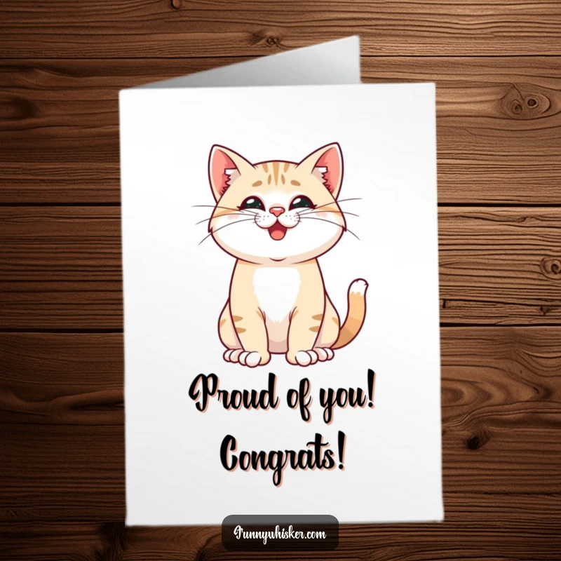 Funny Free Printable Congratulations Card featuring a proud cat striking a pose, its whiskers twitching playfully. Downloadable art.