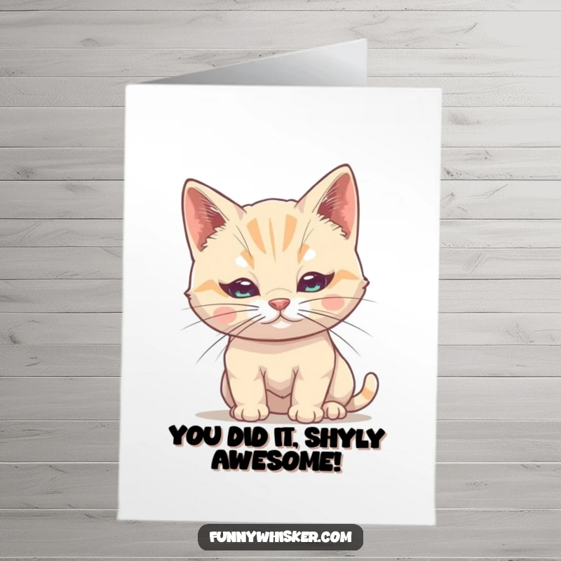 Funny Free Printable Congratulations Card: Shy cat hiding behind a large whisker, offering quiet support and congratulations.