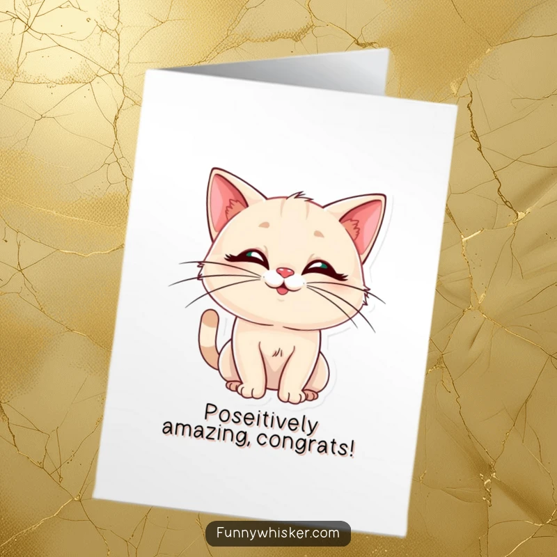 Funny Free Printable Congrats Card: An elegant cat with fabulous whiskers executes a hilariously silly pose, celebrating your milestone.