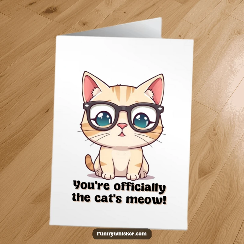 Free Printable Congratulations Card: Adorable cat wearing tiny reading glasses, looking impressed and ready to celebrate achievements.