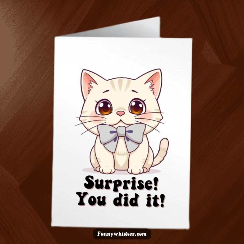 Free Printable Congratulations Card: A cat sporting an absurdly large bow on its whiskers, its face expressing comical surprise. Easy print.