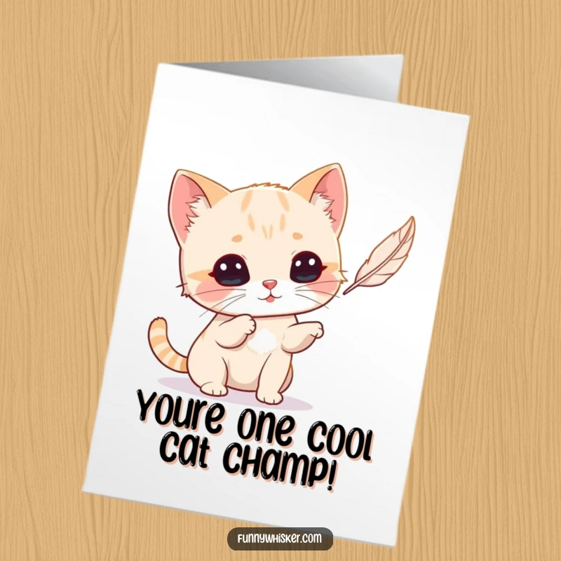 Funny Free Printable Congratulations Card: Tiny cat with exaggerated whiskers batting a feather, symbolizing celebration.