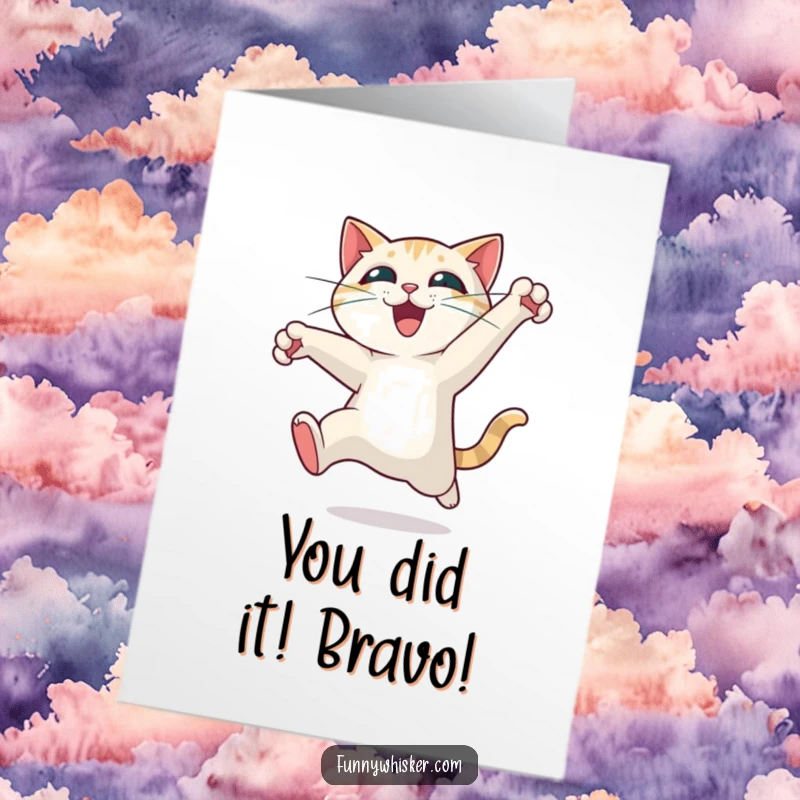 Funny Free Printable Congratulations Card: Energetic cat mid-leap, whiskers spread wide, conveying exciting congratulations, downloadable and easy to print.