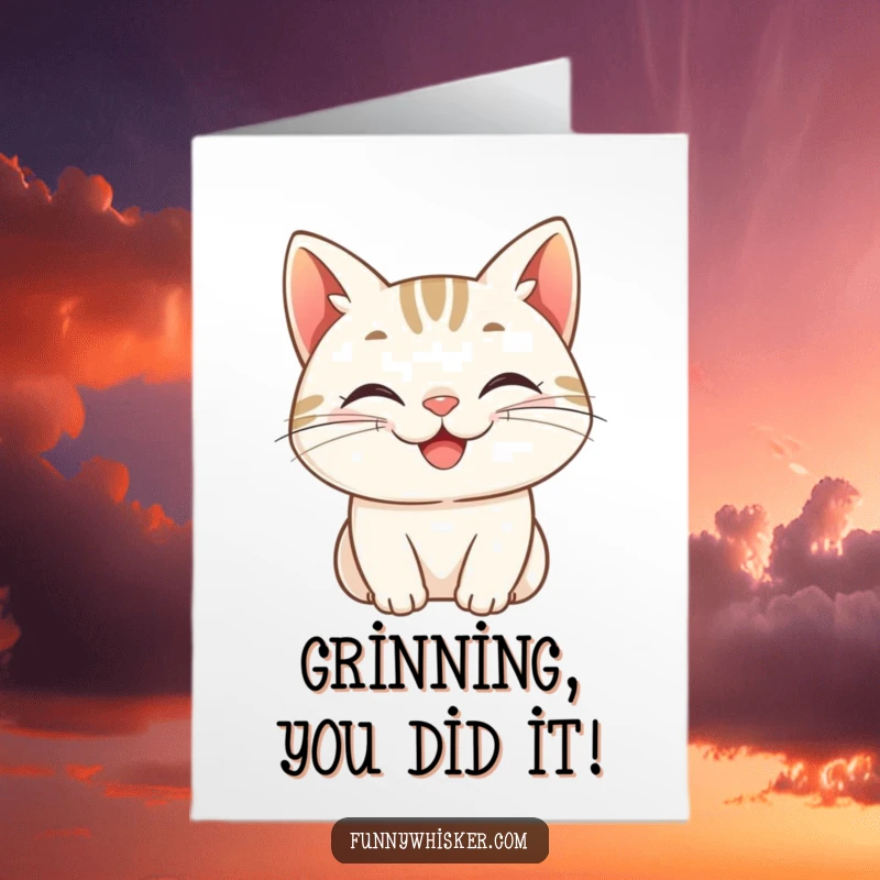 Funny Free Printable Congratulations Card: Cat sports a wide, cheerful grin, its whiskers curling upwards in a display of pure congratulatory delight.