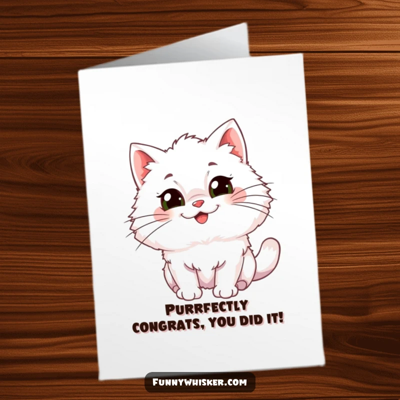 Funny Free Printable Congratulations Card: A fluffy cat with enormous, comical whiskers wiggles excitedly, sharing in the joyous occasion.