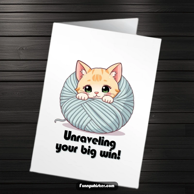 Funny Free Printable Congratulations Card, curious cat peeking from behind yarn ball, celebrating success, downloadable art.