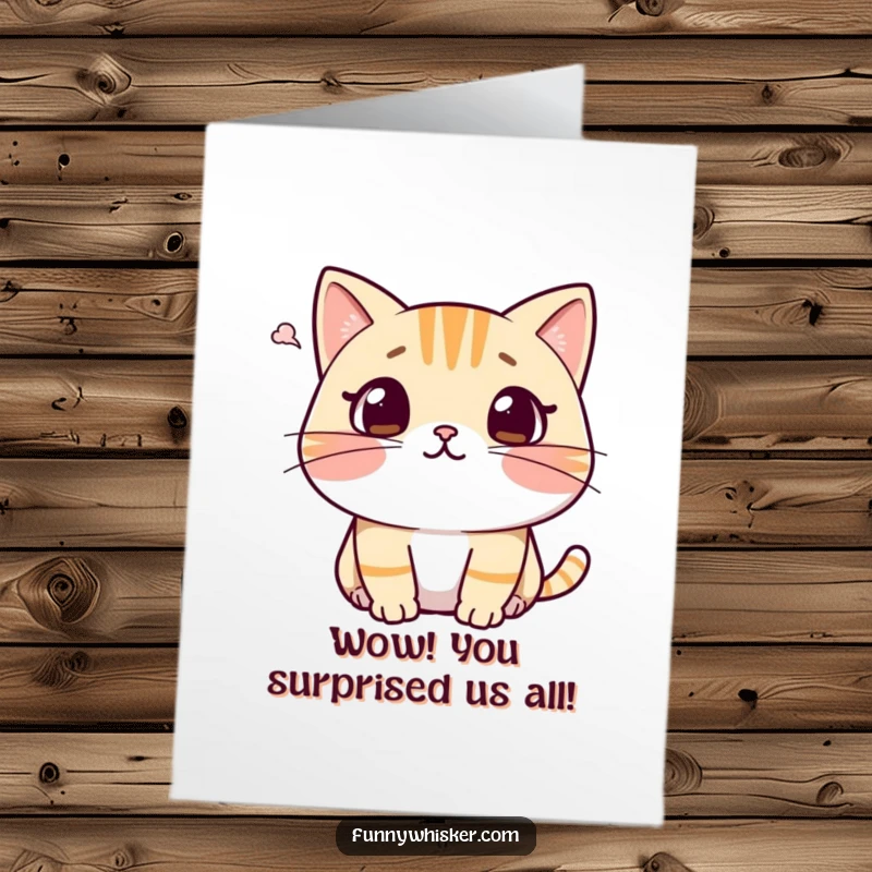 Funny Free Printable Congratulations Card: Cat looks surprised, whiskers pulled back from a gentle puff, expressing amusing shock at their win.