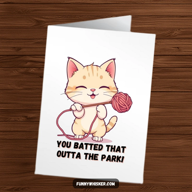 Funny Free Printable Congratulations Card: A playful cat character delights in batting at a lightweight, fuzzy ball of yarn, captured mid-pounce.