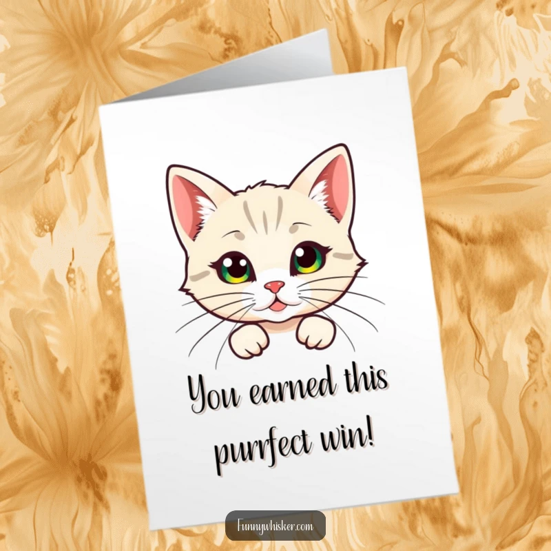 Funny Free Printable Congratulations Card: Cat peeking behind giant, feathery whiskers, conveying cheerful congratulations with a comical twist.
