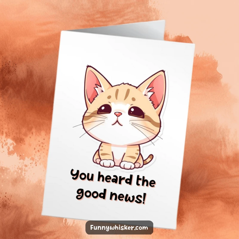 Free Printable Congratulations Card: A cat with impressively perked ears and twitching whiskers, intensely curious about the exciting news. Easy print.