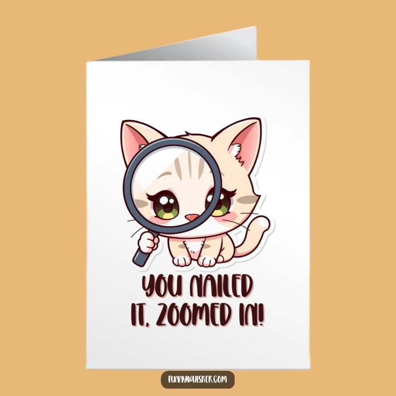 Free Printable Curious Cat Congrats Card: Magnifying Glass Feline Downloadable Greeting