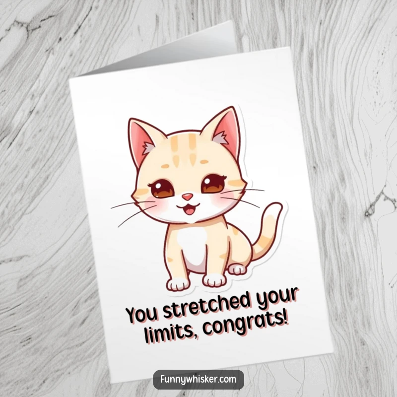 Funny Free Printable Congratulations Card showing a cat character stretching its body and whiskers playfully to celebrate an accomplishment.