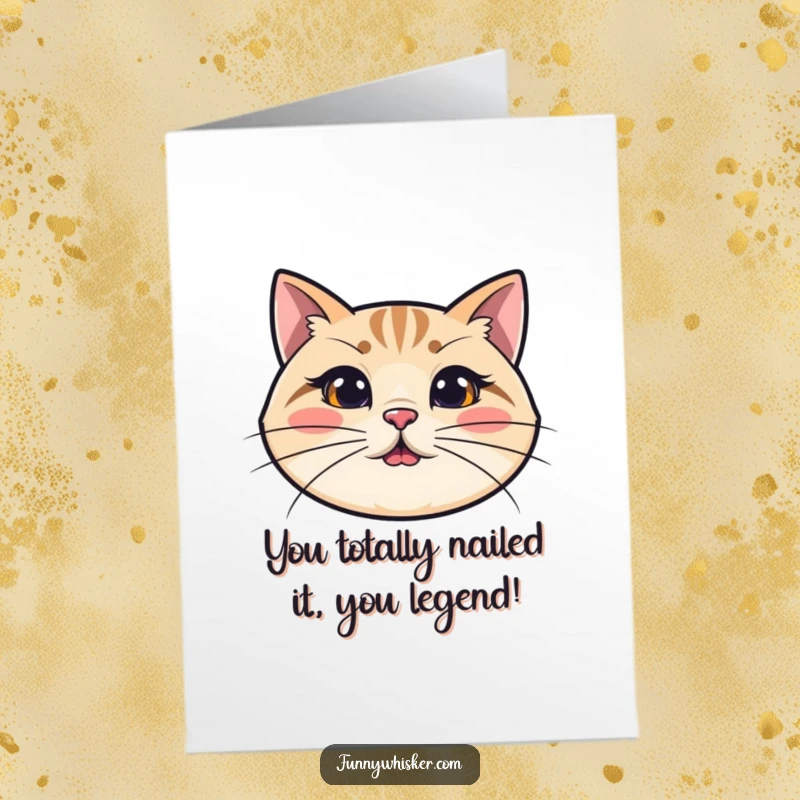 Funny Free Printable Congrats Card: A simplified cat head with exaggeratedly long, wiggly whiskers, cheering with joy!