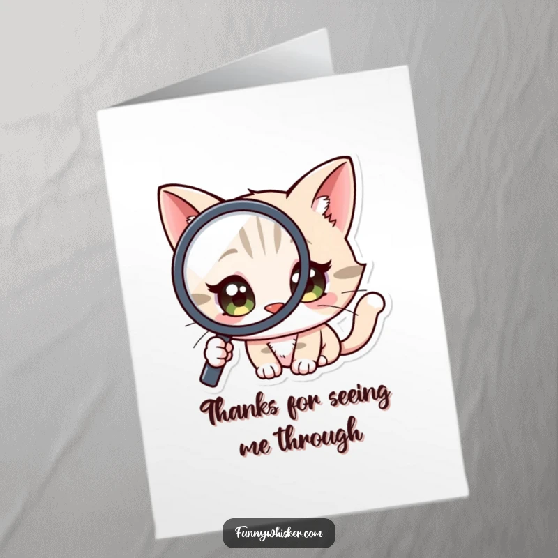 Funny Free Printable Thank You Card: A cat character uses a magnifying glass to closely inspect something, its eyes wide with curiosity.