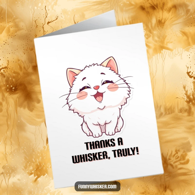 Funny Free Printable Thank You Card: Fluffy cat with oversized wiggling whiskers, expressing delight, expressing thanks, DIY downloadable gift.