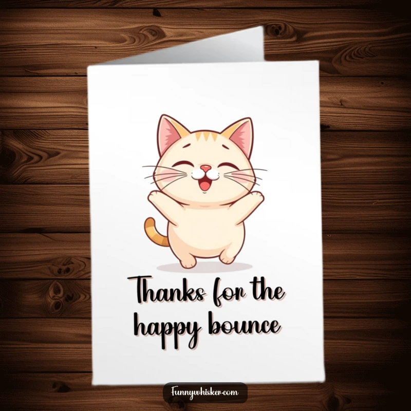 Funny Free Printable Thank You Card, small round cat with large whiskers bouncing happily, expressing gratitude, cute-downloadable.