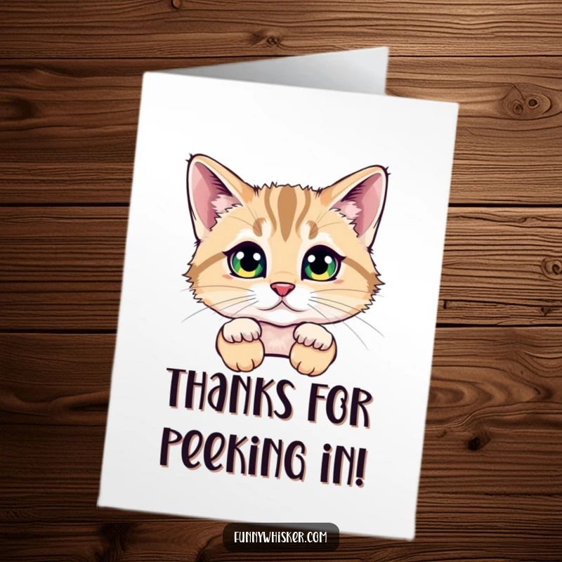 Funny Free Printable Thank You Card: Cat peeking slyly from behind overgrown fluffy whiskers, eyes twinkling with thanks.