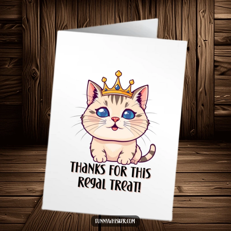 Funny Free Printable Thank You Card featuring a majestic cat with an absurd whisker crown, expressing thanks with humor.