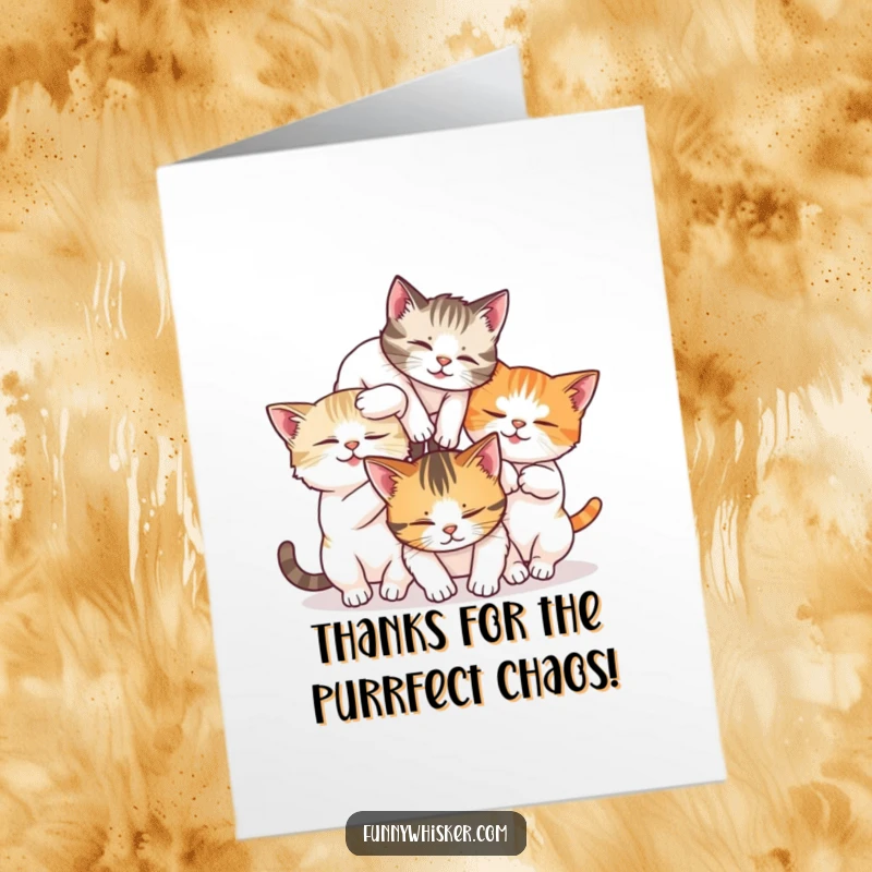 Funny free printable thank you card: Three cats hilariously tumble over each other, their whiskers creating a playful mess.