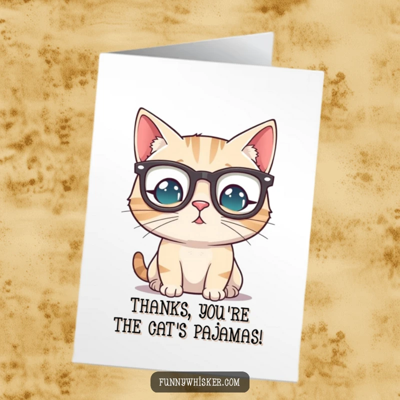 Funny Free Printable Thank You Card: A studious cat in spectacles, tipping its glasses with a look of pleased gratitude.