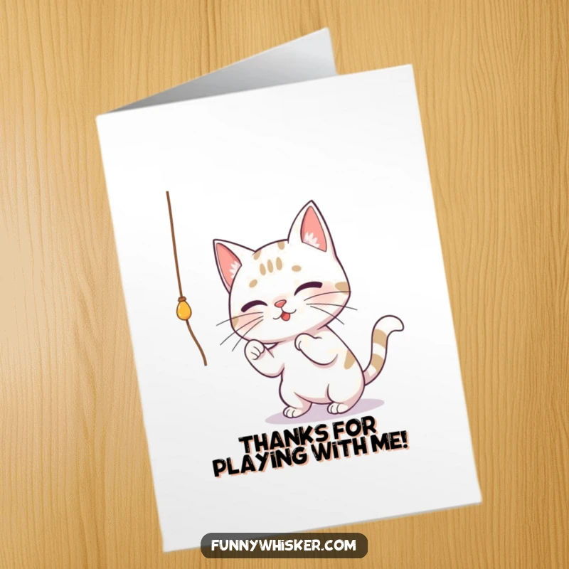 Funny Free Printable Thank You Card: A cat with comically large whiskers playfully batting at a string showing gratitude.
