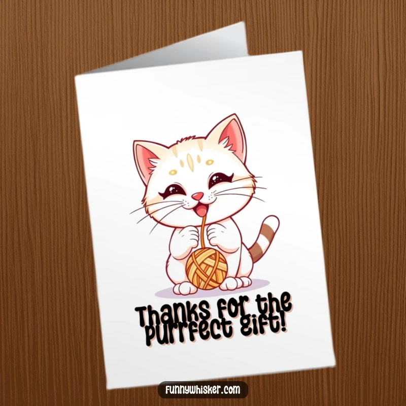 Funny free printable thank you card: A kitten with large whiskers playfully bops a yarn ball, sending thanks.