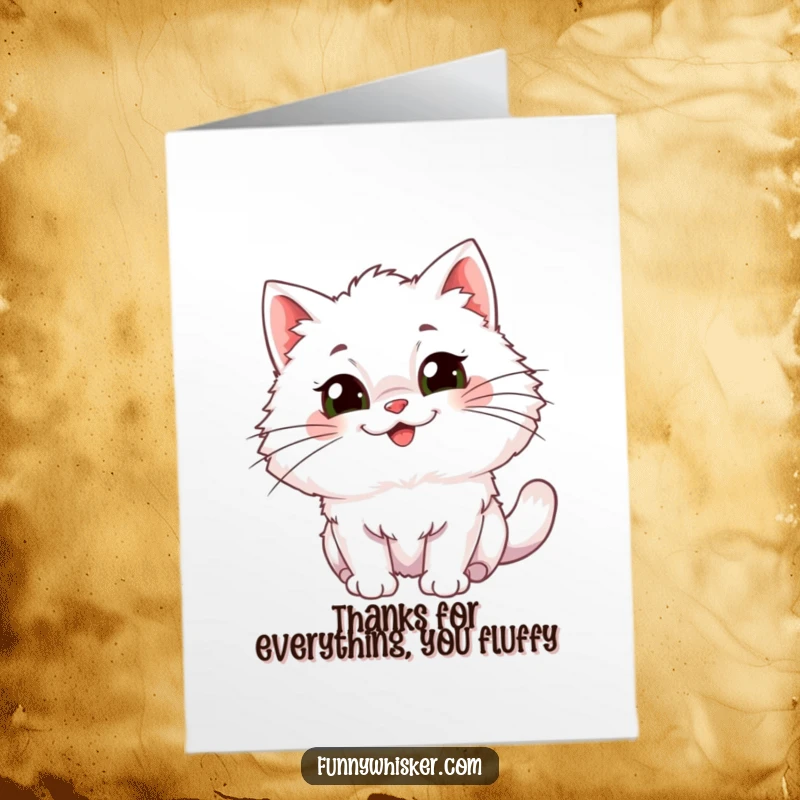 Funny Free Printable Thank You Card: A fluffy cat with comically large, wiggling whiskers expresses immense gratitude with a happy wiggle.