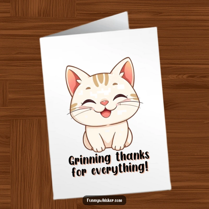 Funny Free Printable Thank You Card: Cat with whiskers turned up in a perpetual cheerful grin, offering a comical and sincere thank you.