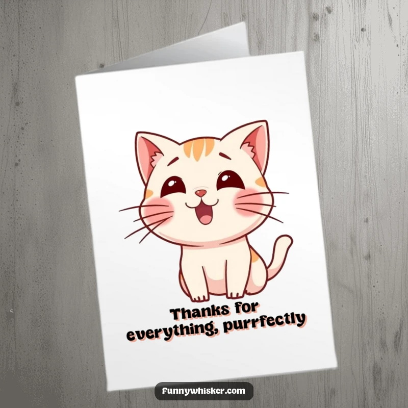 Funny Free Printable Thank You Card featuring a small cat character whose whiskers are wiggling with excitement to express thanks.