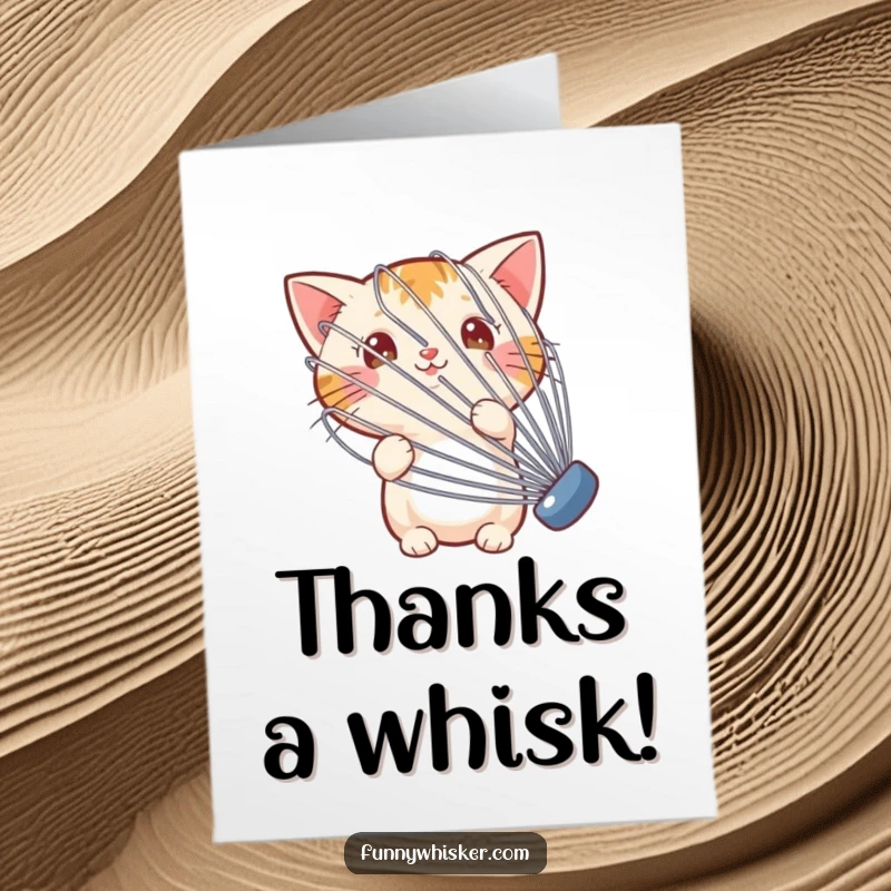 Funny free printable thank you card: Tiny cat peeking from behind a giant whisk, humorously expressing thanks.