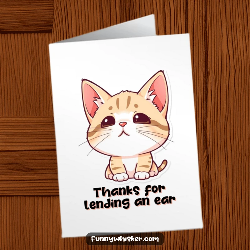 Funny Free Printable Thank You Card: Features a cat with sharply perked ears and twitching whiskers, listening intently with curiosity. Simple print.