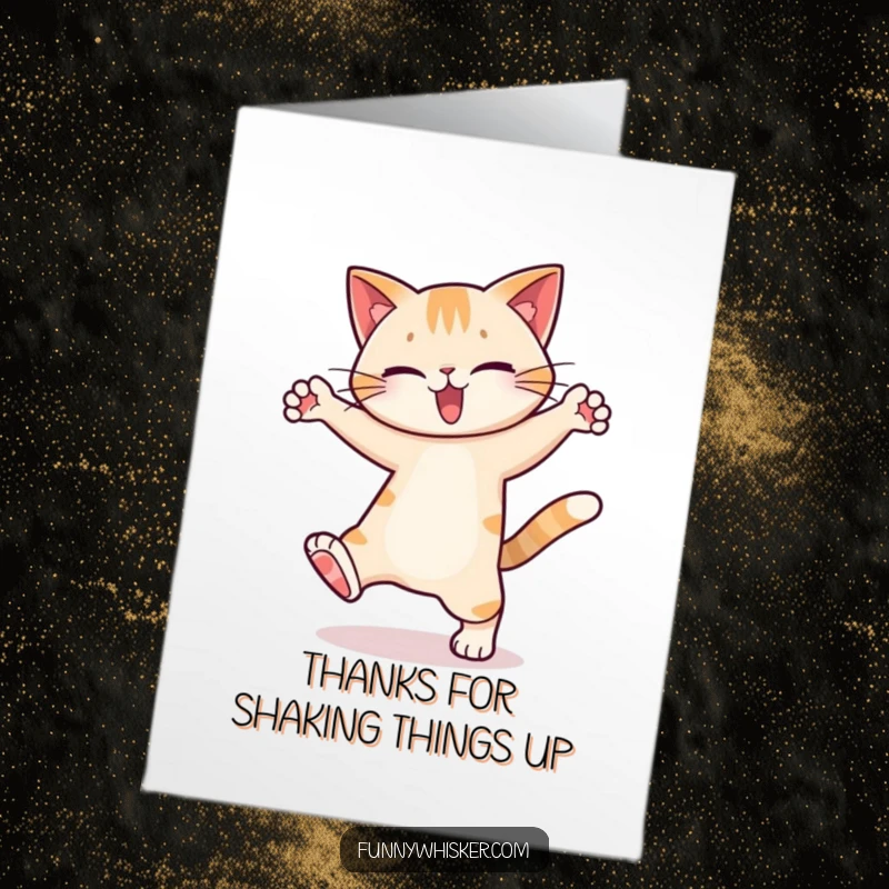 Funny Free Printable Thank You Card: A cat character performs a humorous dance routine with comically oversized leg movements, expressing thanks.