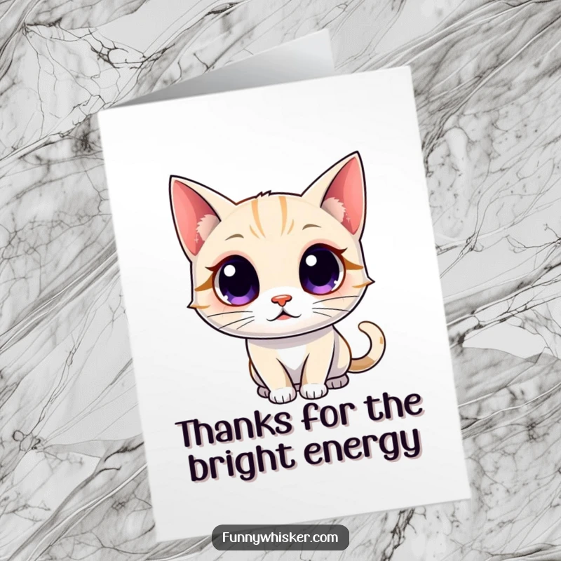 Funny Free Printable Thank You Card: A cat's whiskers glow with immense cartoon energy, sending thanks.