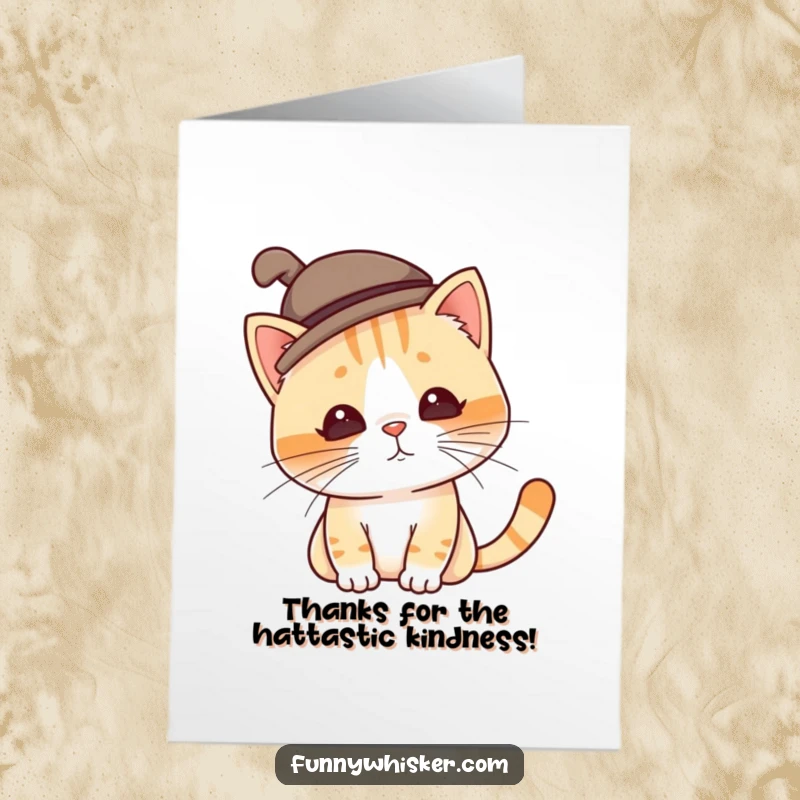 Funny Free Printable Thank You Card: Cat sporting a tilted, silly hat due to its twitching whiskers, conveying thanks with whimsy.