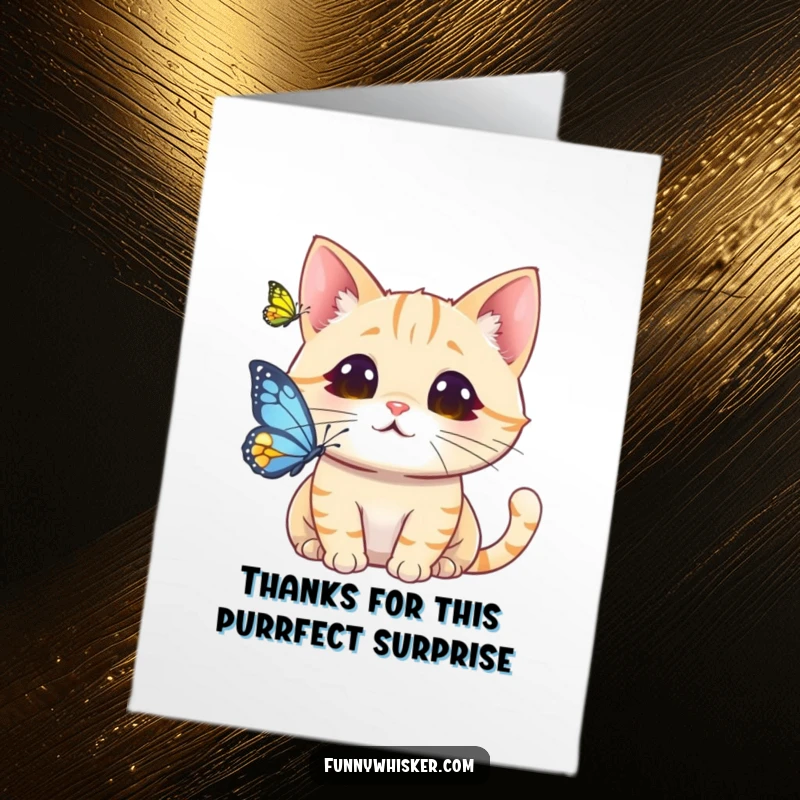 Funny Free Printable Thank You Card: A surprised cat's whiskers tickle a butterfly, conveying thanks.