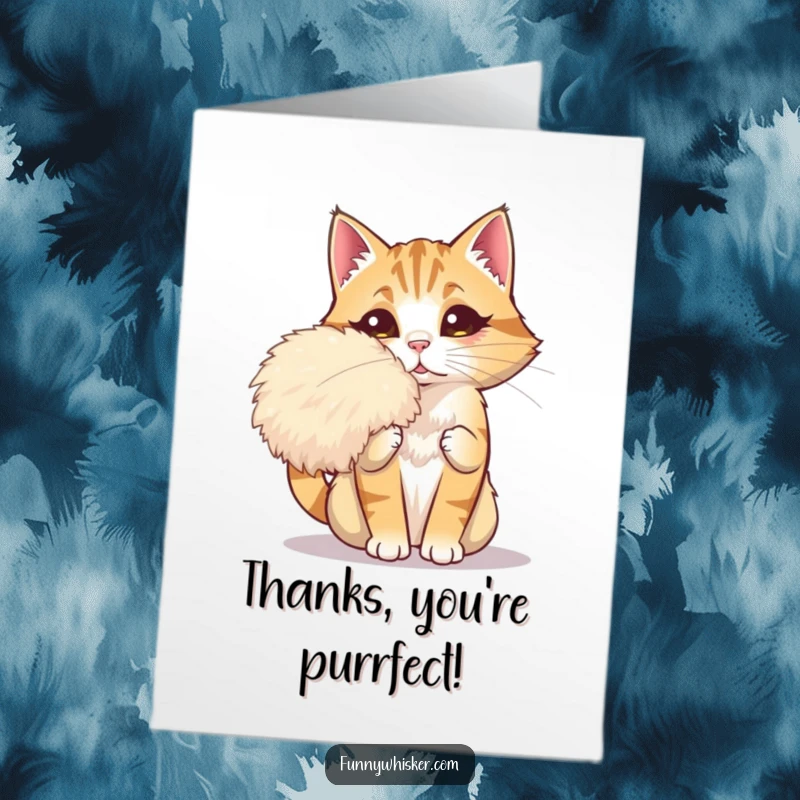 Funny Free Printable Thank You Card of a dramatic cat fanning itself with its enormous, fluffy whisker. Downloadable gift.
