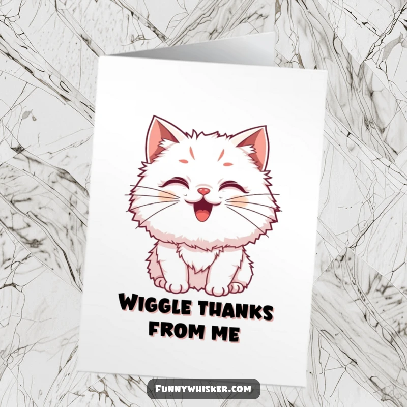 Funny Free Printable Fluffy Cat Thank You Card: A fluffy cat with wiggling whiskers, sending excited thanks.