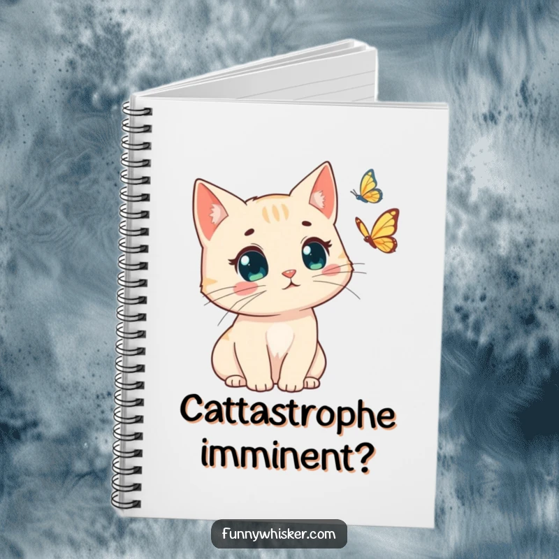 Funny notebook with a cat s windswept whiskers, surprised by a butterfly. Ideal for notes and doodles, a humorous funny gift.