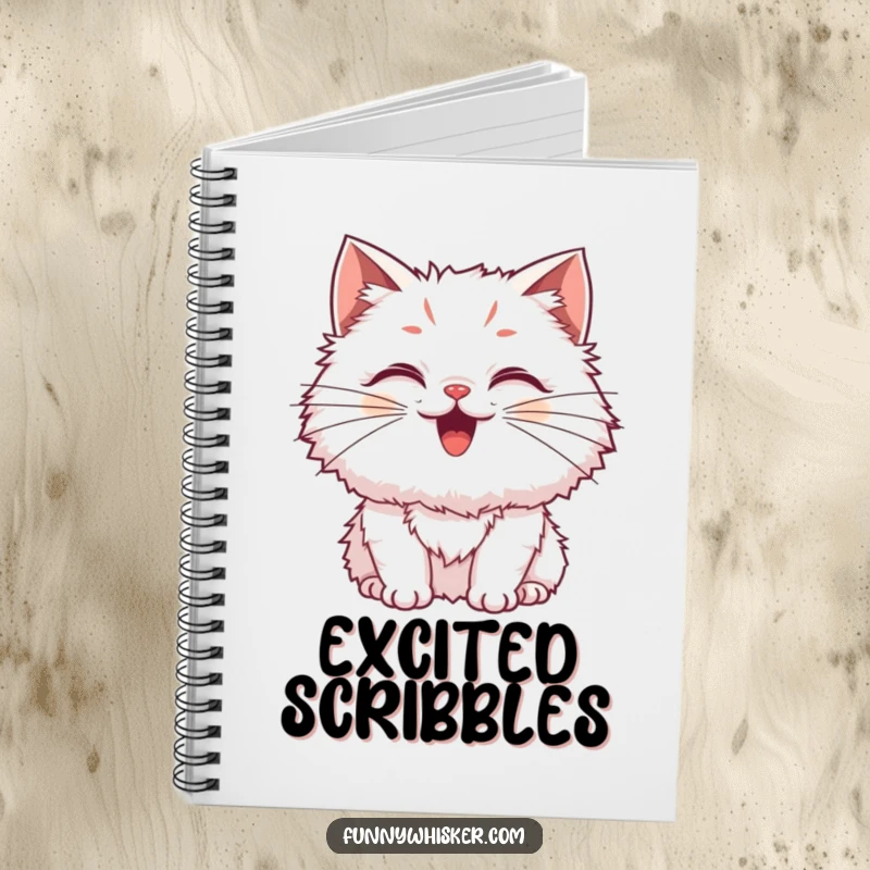 Funny Cat Notebook with a fluffy cat and exaggerated, wiggling whiskers, ideal for notes and sketches, a wonderfully funny gift.