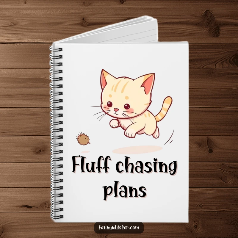 Funny cat notebook featuring a cat chasing a dust bunny with long whiskers trailing, ideal for capturing notes with pet energy.