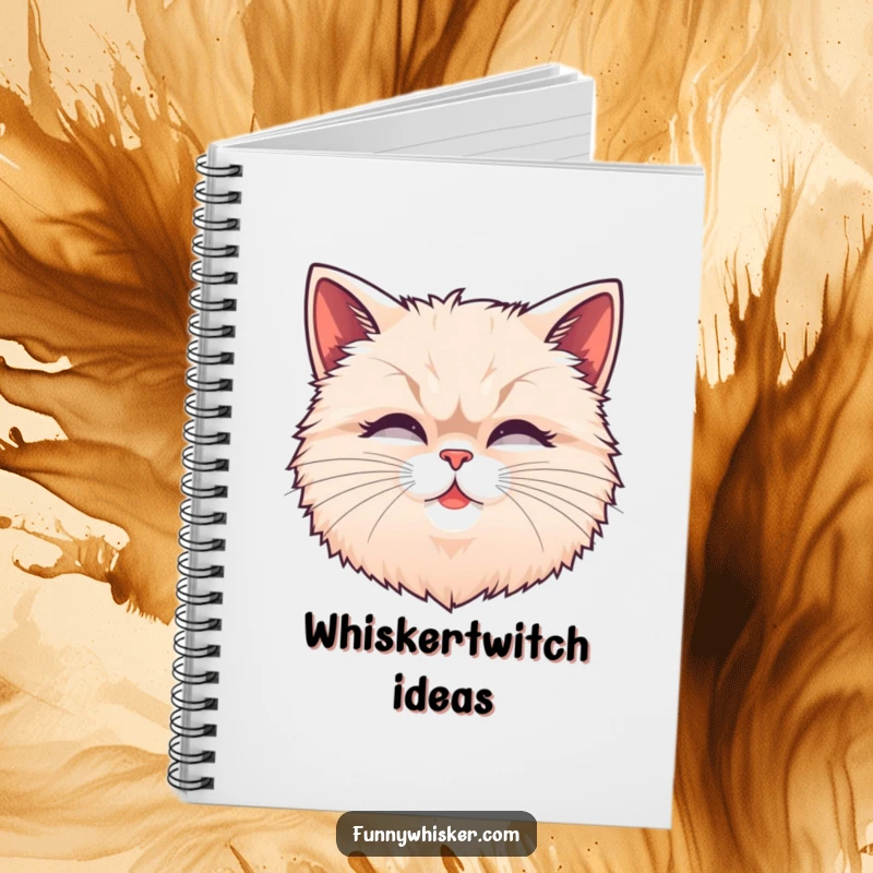 Funny fluffy cat head notebook with exaggerated, wiggling whiskers, ideal for jotting down notes and creative thoughts with a smile.