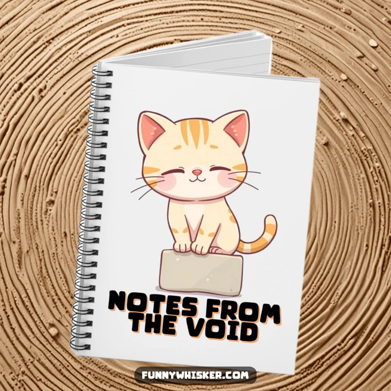 Funny Cat Notebook featuring a cat character balancing on a tiny ledge, its whiskers acting as a crucial balancing aid.