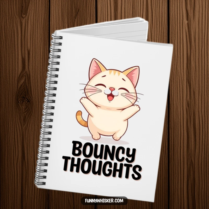 Funny cat notebook cover featuring a small, round cat with exaggerated whiskers doing a happy bounce, ideal for jotting down ideas.