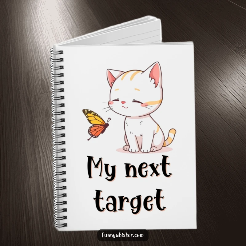 Funny Cat Notebook with a cat using its whiskers to catch a butterfly, ideal for writing and sketching, a wonderfully funny gift.