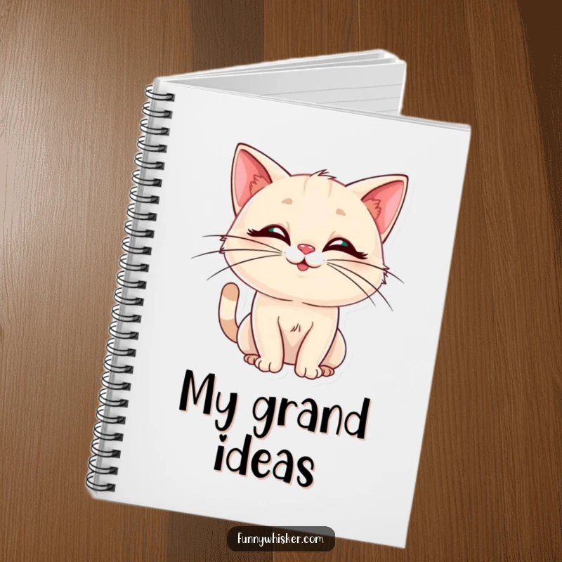 Funny notebook with a cat featuring elegant whiskers in a silly pose. Ideal for notes and doodles, a humorous funny gift.