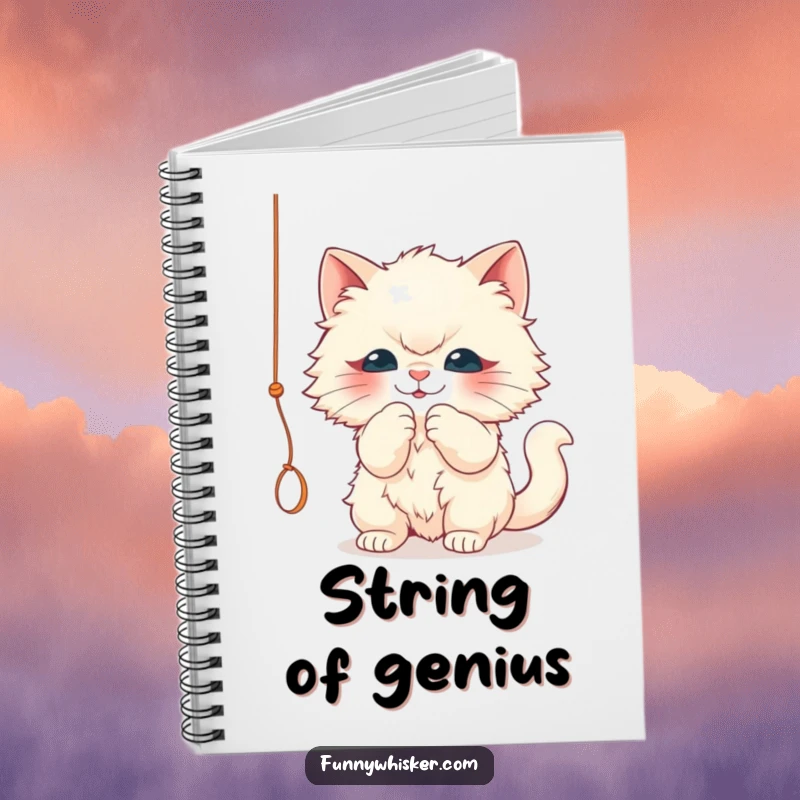 Funny notebook with a fluffy cat character playfully batting a dangling string. Ideal for notes and doodles, a humorous funny gift.