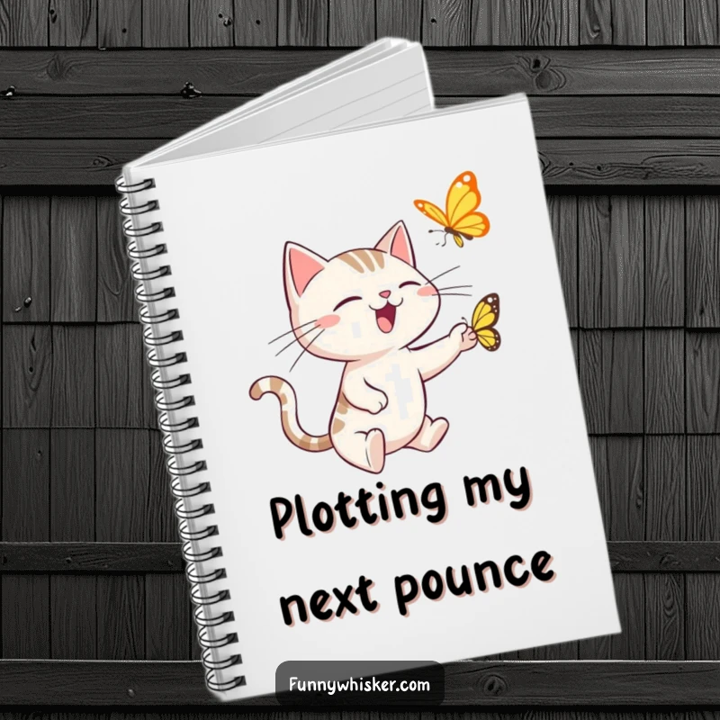 Funny notebook cover with a spiky-whiskered cat joyfully pursuing a butterfly, designed to bring a smile to note-taking.