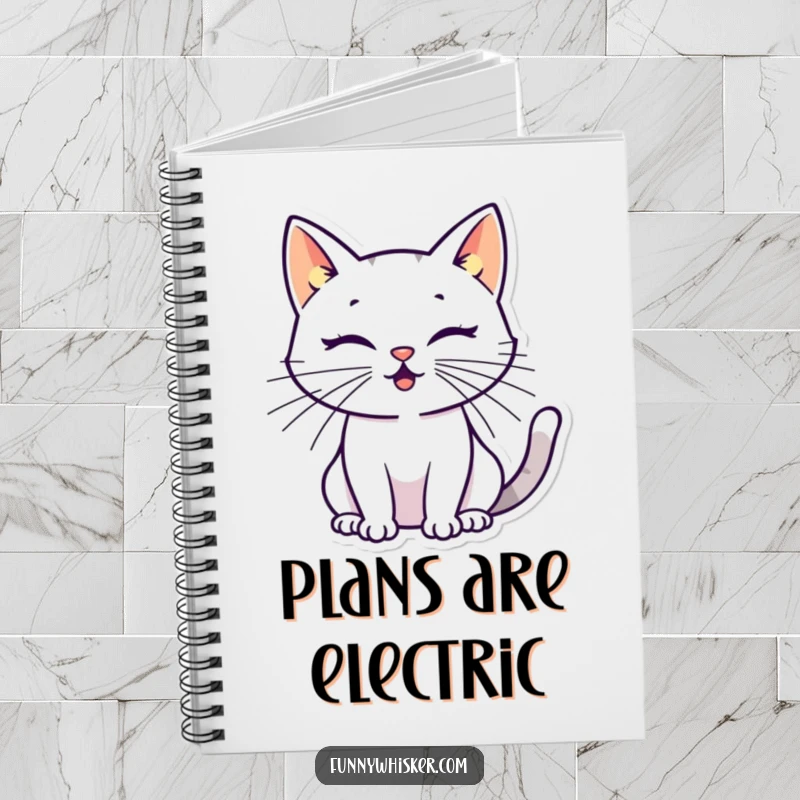 Funny cat notebook with a stylized silhouette and energetic whiskers, perfect for jotting down ideas with a humorous and artistic flair.
